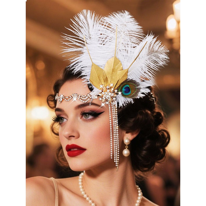 Formery 1920s Headband White Feather Flapper Headpiece Rhinestone Tassel Gatsby