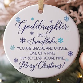 Goddaughter Like a Snowflake Christmas Gift Idea 2023 Ceramic Round Ornament, 3" Flat Circle with Metallic Gold Ribbon + Free Gift Box From Godparent, Godmother or Godfather
