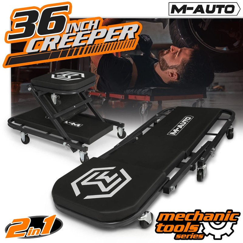 M-AUTO 40-Inch Folding Creeper Rolling Seat, All-in-One Adjustable Roller Garage