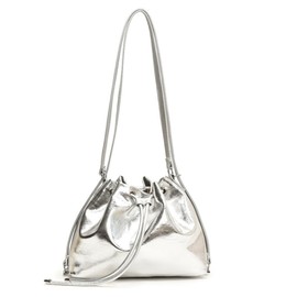 ALVEIN Drawstring Bag, Glossy, Mini Bag, Lightweight, Shoulder Bag, Small, Crossbody Hanging, Compact, Metallic, Silver