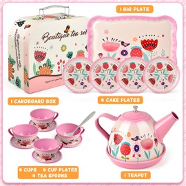 Juego de té de flores para niñas pequeñas, regalo de cumpleaños para niños de 3 a 4 a 5 a 6 años, juguetes de fiesta de té para niñas pequeñas, juguete de simulación de cocina con juego de té de estaño, postres y estuche de transporte