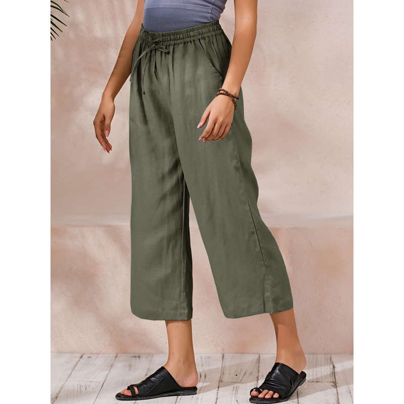 ECUPPER Womens Linen Cropped Pants Loose Casual Capri Cotton Wide