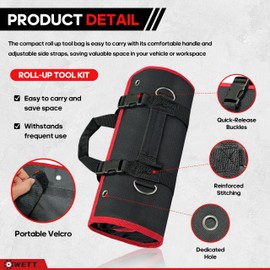 WETT Roll Up Tool Bag, 22-Inch Heavy Duty Tool Organizer Bag with Detachable Pockets, 6 Tool Pockets Black Rollup Storage Pouch Organization for Tools and Accessories for Mechanics