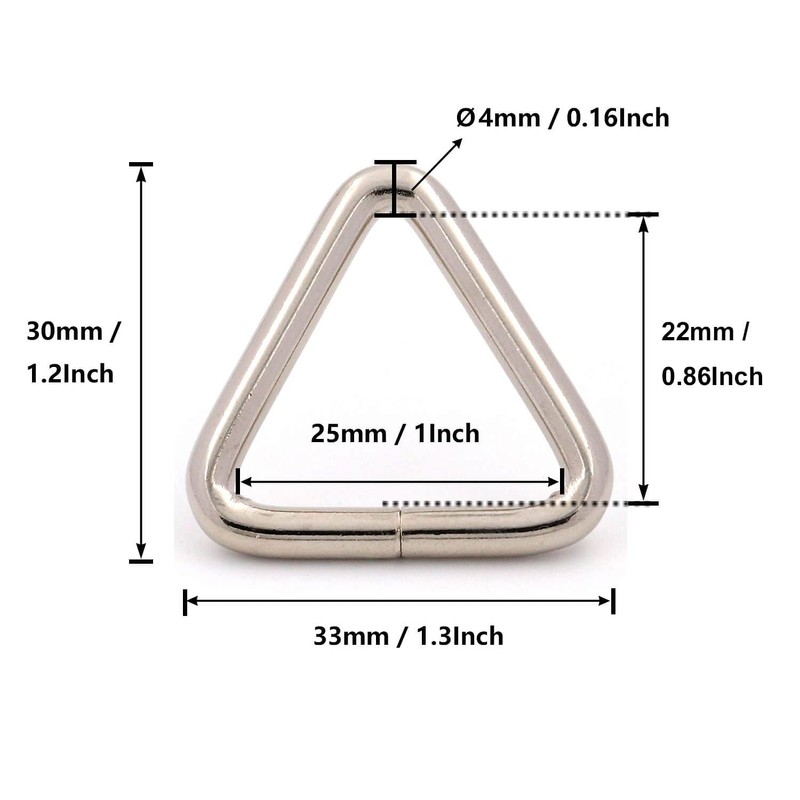 1 pulgada anillo triangular metálico, plateado - 30 piezas