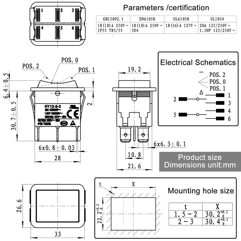 1-Pack HY12-9-3 Rocker Switch – DPDT 6-Pin 20A 125/250V (ON-Off-ON)
