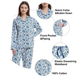 amaxer Women's 100% Cotton Pajama Sets | Two-Piece Soft Long-Sleeved PJs With Pants for All Seasons | Button Down Front Top and Drawstring Waist Bottom Nightwear