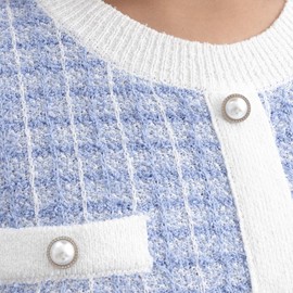 URBAN REVIVO Women's Sweater Dress Knit Tweed Dress Short Sleeve Pearl Button Mini Dresses Trendy for Fall Spring Summer Blue, Large