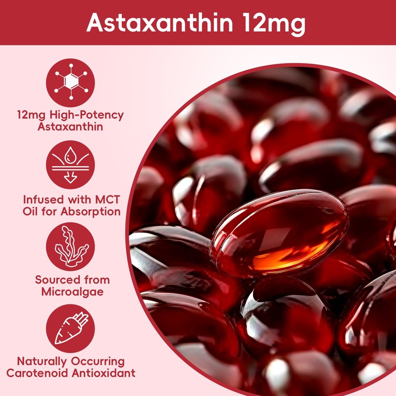 Astaxanthin 12mg with MCT Oil Softgels, Premium Astaxanthin Supplements Organic