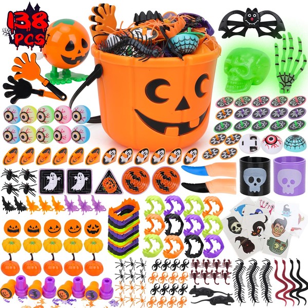 TOY Life Halloween Toys For Kid 138PCS Halloween Toys in Bulk, Halloween Goodie Bag Fillers for Kid, Halloween Prizes for Kid, Halloween Party Favors Halloween Pumpkin Buckets Non Candy Treat for Kid