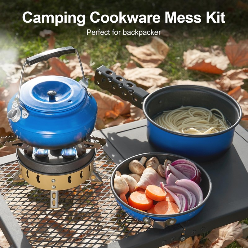 Odoland 5pcs Camping Cookware Mess Kit, Non-Stick Lightweight Pot Pan