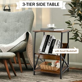 Tangkula Industrial Side Table, 3-Tier Accent End Table with Magazine Holder Shelf, Metal Frame, Scratch-Resistant Top, Small Bookcase, Sofa Side Table for Living Room, Bedroom