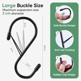 10 Pack 10cm Large S Hooks for Hanging with Safety Buckle- Heavy Duty Solid Metal Steel Black S Shaped Closet Hooks for Hanging Plants, Kitchen Utensils, Jeans, Bags, Pots, Fit Most of Rod