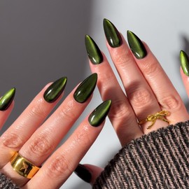 Neon Green Nails Press on, Neon Cat Eye Press on Nails Medium Almond Shaped, SXVME Glitter Black Glue on Nails Short Fake Nails, Thick Acrylic False Nails, Glossy Shiny Stick on Nails for Women 30Pcs