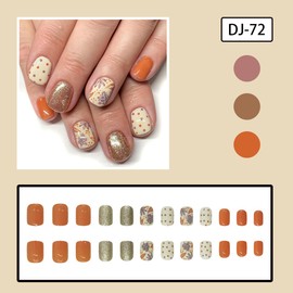 Maple Leaf Press on Nails Short Coffin Nails Tips Autumn Fake Nails with Polka Dots Design Reusable Gold Glitter Acrylic Nails Artificial False Nails Full Cover Glue on Nails for Women Manicure 24Pcs