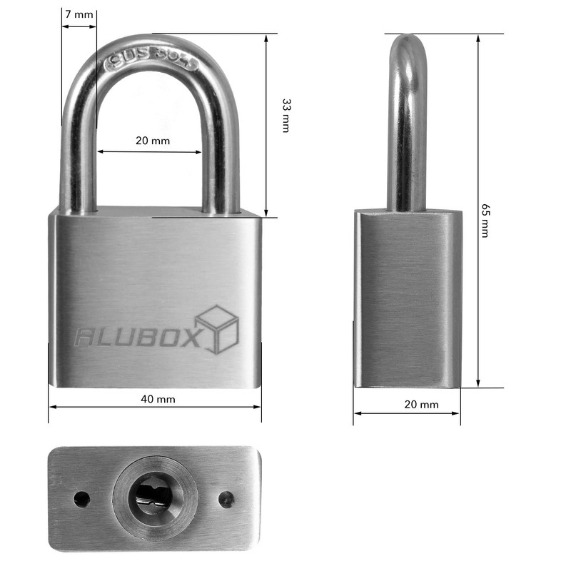 alubox Padlock Stainless Steel with 4 Keys Shackle 7 mm