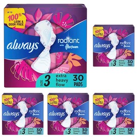 Always Radiant Feminine Pads for Women, Size 3 Extra Heavy, with Wings, Scented, 30 Count (Pack of 5)