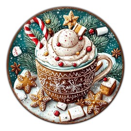 GJXFTPTTBD Round Christmas Signs Hot Cocoa Bar Metal Tin Sign Christmas Decor For Home Vintage Christmas Coffee Cocoa Tin Sign Hot Chocolate Bar Sign 8 * 8 in