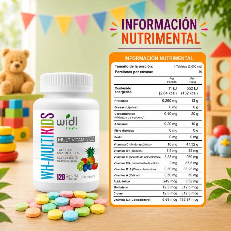 Multivitamínico Niños Widl Health 120 Tab Masticables Sabor Limón Mora