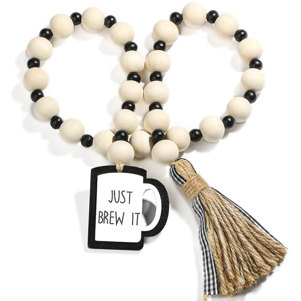 Jetec Coffee Bar Decor Wood Bead Garland with Tassel Coffees