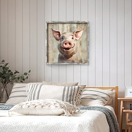 Framed Pig Wall Art Bedroom: Rustic Farm Animal Wooden Painting Print Decor Funny Piggy Head Portrait Artwork Picture for Farmhouse Kids Room Nursery Home