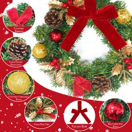 6 Pcs 10 Inch Small Christmas Wreath for Cabinets Mini Christmas Wreath with Gold Red Balls Holly Pine Tips Pinecone Berried Red Bow Outdoor Christmas Wreaths for Windows Wall Kitchen Stair Home Decor
