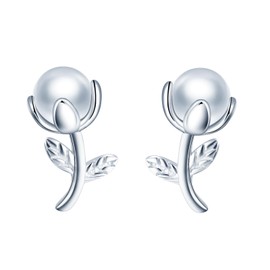 MICSAVI Flower Stud Earrings Women's Jewellery Hypoallergenic Sterling Silver 925 Pearl Earrings Studs for Women and Girls, Sterling Silver, Pearl
