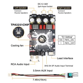 DAJUNGUO ZK-2202-W Class D Amplifier Board, TPA3251 Chip, 220W×2 Stereo/350W Bridged (DIP Switch), RCA/AUX/XH2.54-3P Inputs, DC12-36V with Cooling Fan