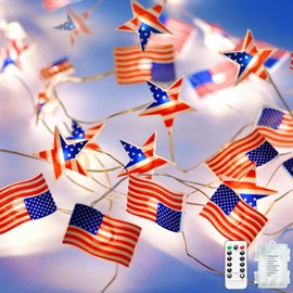 btfarm 4th of July Decorations 16.4FT 50 LED Patriotic Flag Star Shaped Fairy String Lights Battery Operated with Remote Timer, 8 Modes Waterproof Independence Memorial Day Decorations