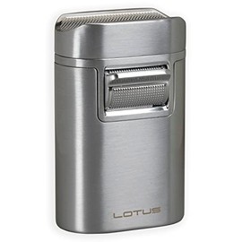 Lotus Brawn Table Cigar Lighter with Quad Wind-Resistant Torch Flames, All Metal Housing, Cigar Rest Cap, Extra Large Fuel Tank (Chrome)