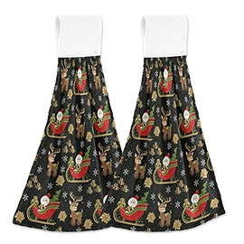 KOCOART Santa Claus Kitchen Hand Towels Christmas Reindeer Black Hanging Tie Towels Dish Towel with Loop 2PCS, Soft Super Absorbent Fingertip Towel for Bathroom Washroom Guestroom Hotel