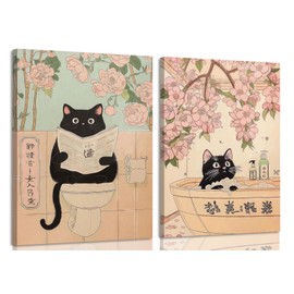 Framed Japanese Bathroom Wall Art Set of 2, Funny Black Cat in Bathtub and Toilet Pictures Wall Decor Paintings, Vintage Cute Animal Canvas Prints Home Decor for Restroom Spa Room 12x16 inch
