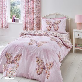 Catherine Lansfield Enchanted Butterfly Reversible Double Duvet Cover Set with Pillowcases Pink