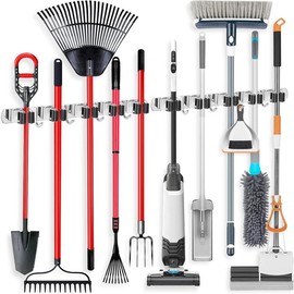 2 count Wall Mount Broom Holder Stainless Steel 5 Racks with 4 Hooks Broom Organizer Self Adhesive Heavy Duty Laundry Room, Garage Organization Storage - Color: 4 Racks with 5 Hooks, Size: 2 Pack