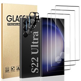 OuYteu 3 Pack Galaxy S22 Ultra Screen Protector, With 2Pack Camera Lens Protector Compatible fingerprint unlock 3D Full Coverage 9H Hardness Tempered Glass Protector For Galaxy S22 Ultra 6.8 Inch