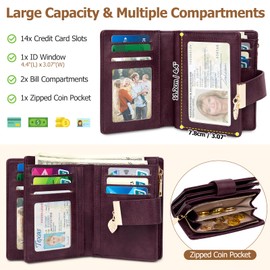 HUANLANG Small Wallets for Women Rfid Blocking Leather Bifold Credit Card Holder Ladies Wallet Zipper Pocket with ID Window