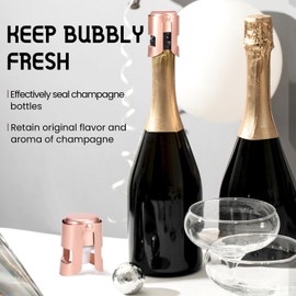 Champagne Stoppers Stainless Steel, Prosecco Sparkling Wine Bottle Stopper with Silicone Sealing Plug, Leak proof Keep Fresh Reusable Champagne Cork & Saver (Rosegold, 2 Pack)
