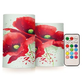 WEVIBOFU Red Poppies Flickering Flameless Candles LED Battery Operated with Remote Timer Pillar Candles for Home Birthday Wedding Christmas Decor, Set of 2