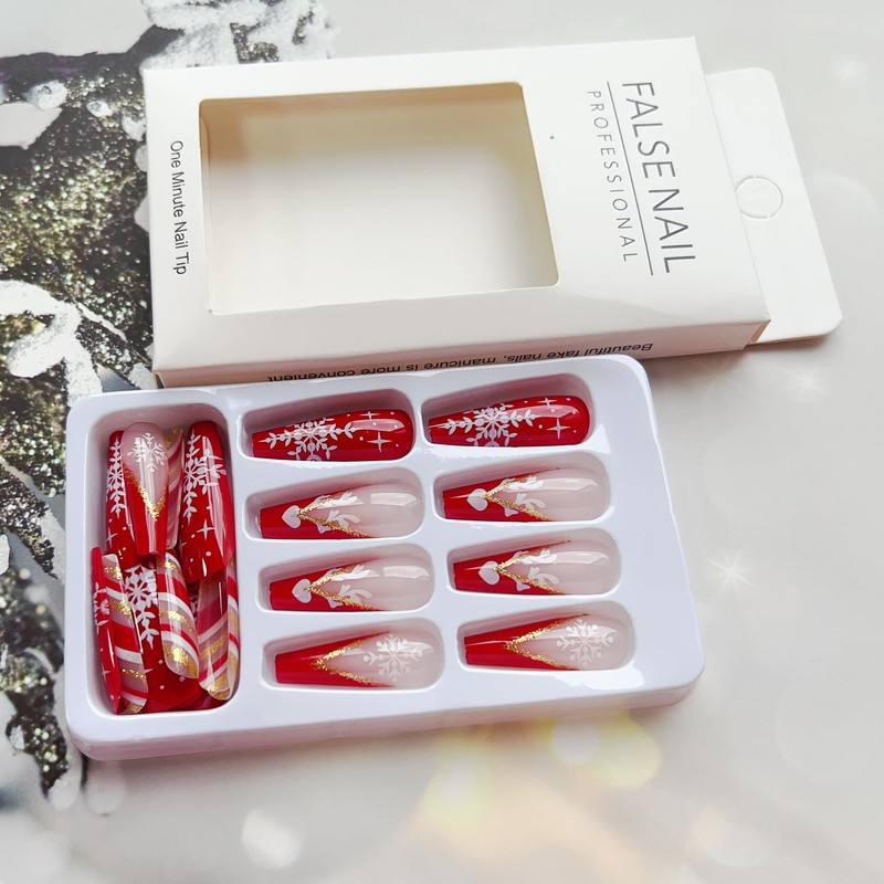Christmas Press on Nails Long Square Fake Nails Red French
