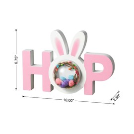 Glitzhome Easter Wood Hop Table Sign for Home Decor, 10”L Decorative Wooden Cutout Word Decor with Bunny Ears, Freestanding Easter Block Letters Tabletop Decor
