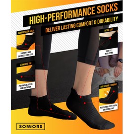 SONNORS 6-Pairs Black Running Socks Mens Womens - Low Cut Men’s Women’s Walking Cycling Gym Socks Size 13-15