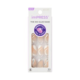 KISS imPRESS No Glue Mani Press On Nails, Design, 'Free Soul', White, Medium Size, Almond Shape, Includes 30 Nails, Prep Pad, Instructions Sheet, 1 Manicure Stick, 1 Mini File