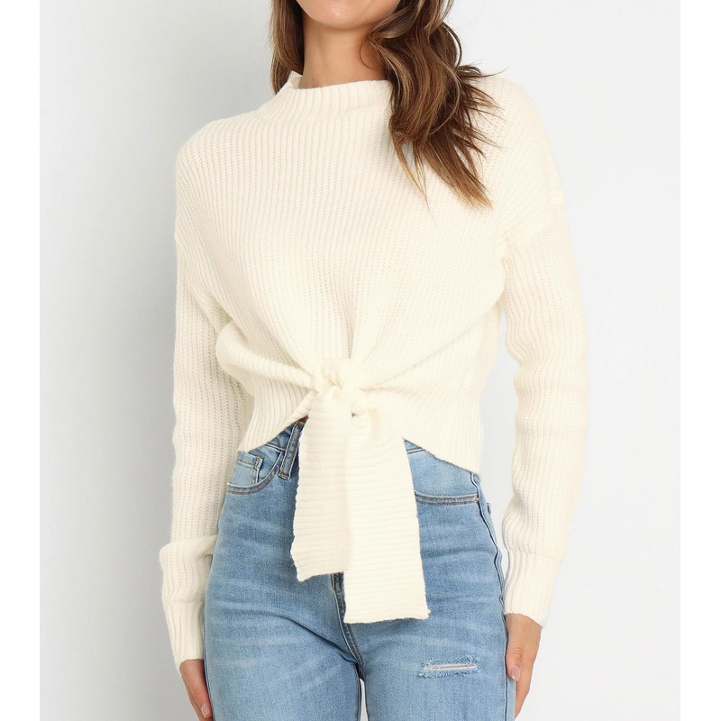 Okiwam Women's Long Sleeve Cropped Sweaters Casual Knit Pullover Tie