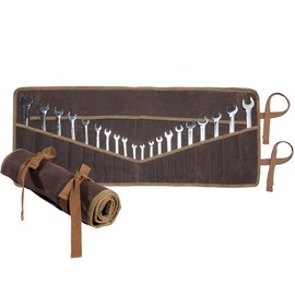 Kaaltisy Wrench roll with 20+4 Tool Pockets, Sustainable 16OZ Waxed Canvas Tool Pouch for Metric & SAE, Multi-Purpose Wrench Set Storage Pouch - Brown