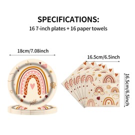 AIBAOBAO Pack of 32 Rainbow Birthday Party Tableware, Children's Birthday Decoration, Boho Birthday Party Tableware, 16 x 7 Inch Plates and 16 x Paper Towels for House Parties, Children's Parties (16