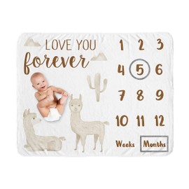 Sweet Jojo Designs Boho Llama Boy Girl Milestone Blanket Monthly Newborn Growth Mat Baby Shower Keepsake - Gender Neutral Beige Taupe Tan Bohemian Southwest Aztec Watercolor Mountain Cactus Farmhouse