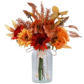 JARELING Silk Flowers with Vase, Artificial Flowers Arrangement with Glass Vase Faux Rose Daisy for Decoration Table Centerpiece (Daisy Orange)