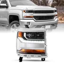 SOCKIR HID/Xenon Fit for 2016 2017 2018 Chevy Silverado 1500/2019 Chevy Silverado 1500 LD Projector Headlight Assembly w/LED DRL Factory Headlamp, Chrome Housing Right Passenger Side