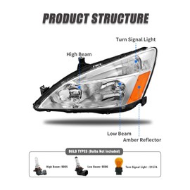 ADCARLIGHTS 2003 2004 2005 2006 2007 Accord Headlight Assembly for 2003-2007 Honda Accord 2/4dr Clear Lens Chrome Housing with Amber Reflector Headlamp Replacement Left and Right Pair