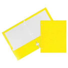 JAM PAPER Laminated Two Pocket Glossy 3 Hole Punch School Folders - Yellow - 3/Pack