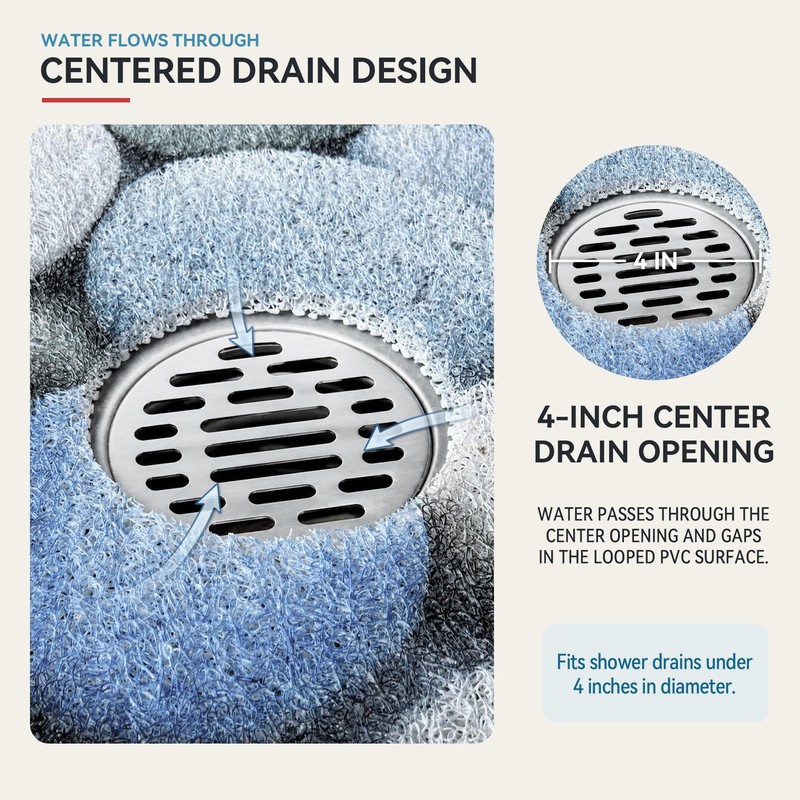 Large Square Shower Mat Non Slip with Central Drain Hole